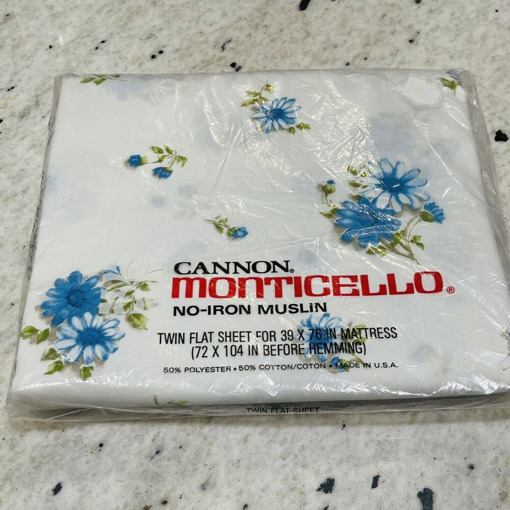 NOS Vtg Cannon MCM Monticello TWIN FLAT Sheet DAISIES Muslin Blue Green New